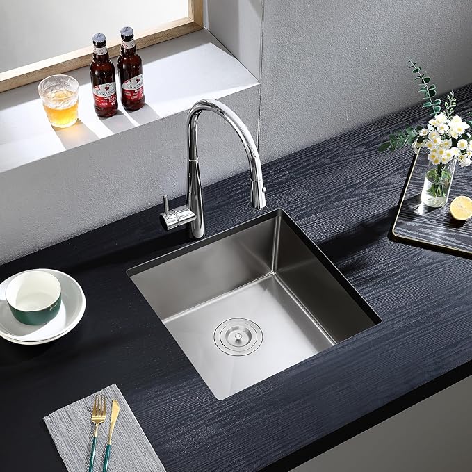 ROVATE 18 inch Kitchen Sink Undermount, Small Bar or Prep Sink, Handmade Single Bowl T-304 Stainless Steel Small Wet Bar Sinks with Strainer