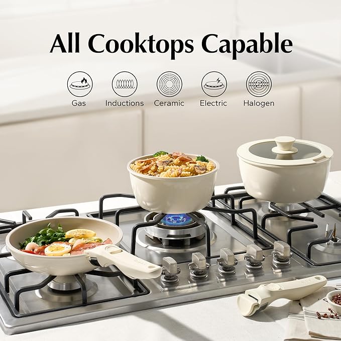 Redchef Pans and Pots Set Nonstick, Ceramic Cookware Set with Detachable Handles, Healthy,Non Toxic, Kitchen Cookware Sets16Pcs, Induction RV Kitchen Set, PFAS PFOA & PTFE Free, Beige White