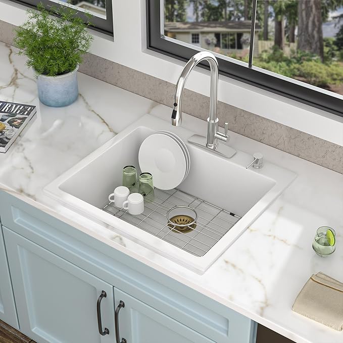 25 Granite Composite Kitchen Sink - Fulorni 25"×22" Granite Kitchen Sink Drop In Topmount White Quartz Classic Above Counter Single Bowl Basin