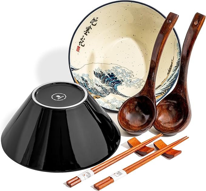Japanese Ramen Bowl Set with Great Wave Design - 60oz Large Ceramic Bowls, Spoons, Chopsticks for Ramen, Pho, Salad, Poke - Premium Gift for Ramen Lovers - Microwave & Dishwasher Safe