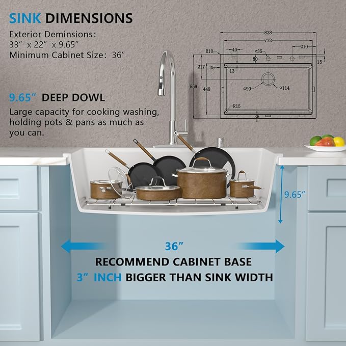 33"x22" Granite Composite Kitchen Sink Drop In – White Quartz Classic Ledge Workstation Topmount Single Bowl Sink Basin