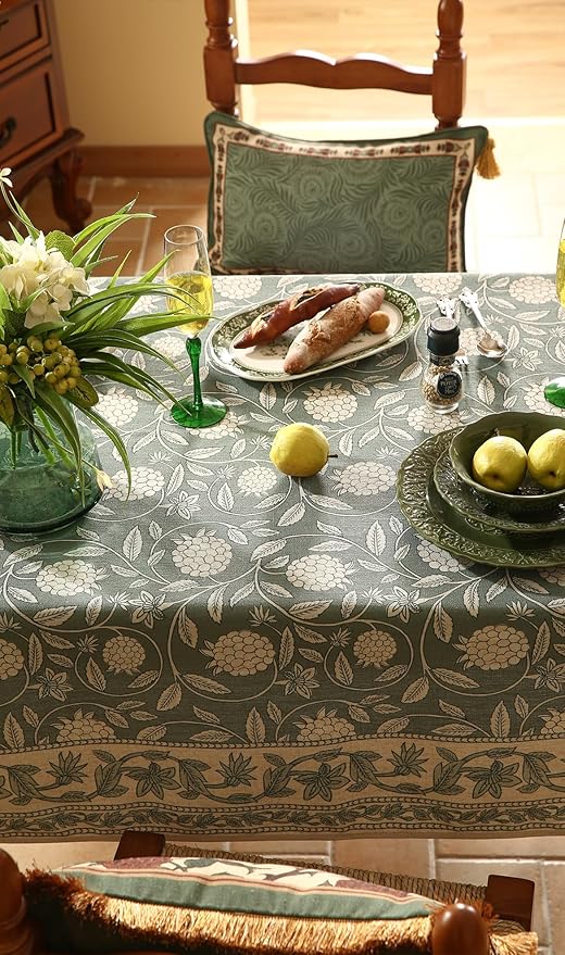 Grayish Green Rectangular Tablecloth,Linen Table Cloth with Light White Flowers Pattern,Durable Table Cover for Dining Thanksgiving Kitchen Decor Party Banquet Christmas,63"*102"