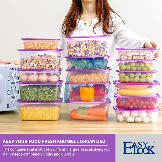 KIGI 【12 PACK】 Mixed Sizes Plastic Food Storage Containers Set with Lids Airtight Square Meal Prep Containers,Home Kitchen Pantry Containers (Transparent Purple, 20.3oz*4+44oz*4+67.6oz*4-12 Pack)