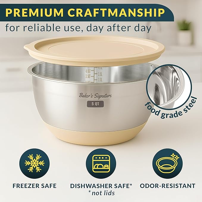 Baker's Signature Stainless Steel Mixing Bowls with Lids Set, 5 Sizes, 3 Graters, Non-Slip Base, Airtight Lids, Metal Mixing Bowls for Kitchen, Food Prep, Storage, 0.63QT-5QT, Khaki