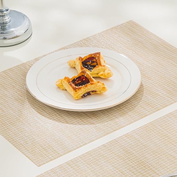 BACKTOEDEN Placemats Set of 8 Heat Resistant Washable Wipeable Placemat Woven Non-Slip Foldable Vinyl/Plastic Place Mats Indoor/Outdoor Mat Kitchen Dining Table Pad, Beige Silver Line