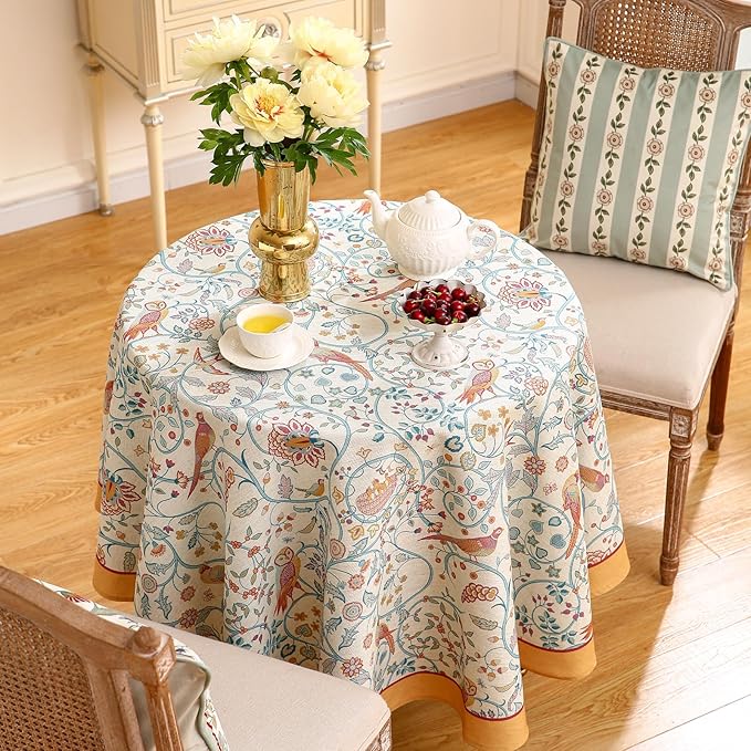 patdrea Designer Yellow French Spring Summer Tablecloth,Rustic Linen Floral Birds Table Cloth for Round Tables,Decor Table Cover for Kitchen Dining Holiday Banquet,Christmas,Diameter 67"