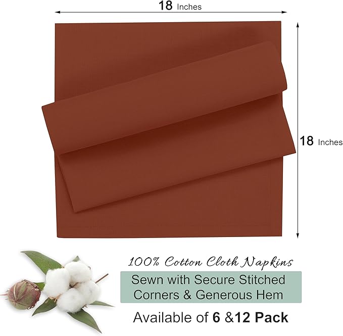 Ruvanti Cloth Napkins Set of 12, 18x18 Inches, Napkin Cloth Washable, Soft & ‎Absorbent 100% Cotton Napkins, Perfect for Wedding, Christmas, ‎Thanksgiving, and Dinner - Rust