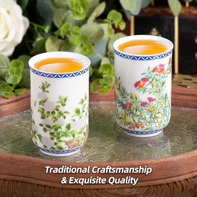 KAMMAK Asian Tea Cups Set of 2, 4.23oz Mini Ceramic & Porcelain Tea Mugs - Dishwasher Safe, Non-Toxic Handcrafted Cups for Juice, Coffee, Gift