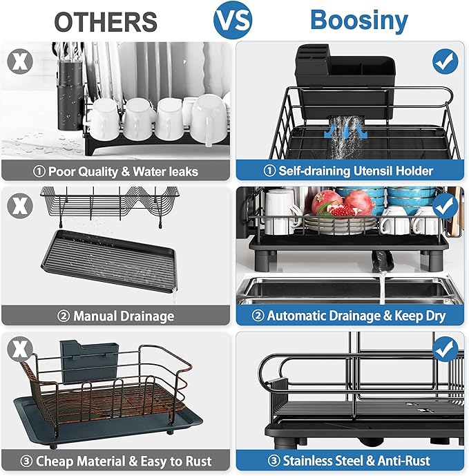 MAJALiS 2 Tier Black Large Stainless Steel Dish Drainers Drying Rack for Kitchen Counter with Drainboard, Rust Proof Metal, Space Saving, Modern Aesthetic, Compact Plates Strainers