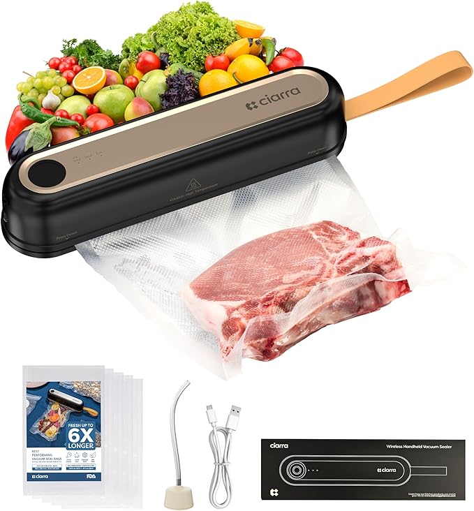 CIARRA Handheld Vacuum Sealer – Portable Food Preservation Machine with 3 Modes, Compact Automatic Sealing System for Dry & Wet Foods (Vacuum Sealer + 5 Pcs Vacuum Seal Bags)