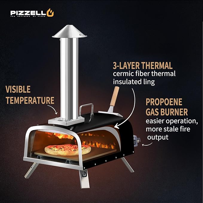 12" Outdoor Pizza Oven Propane and Wood Fired Pizza Maker Multi-Fuel Pizza Ovens with Gas Burner, Wood Tray, Stone, Pizza Peel, Cover, Forte Gas (Black)