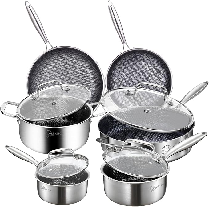 LOLYKITCH 10 Piece Kitchen Cookware Set,Hybrid Tri-ply Stainless Steel Pots and Pans Set,Induction Cookware,Heavy Duty,Dishwasher and Oven Safe.