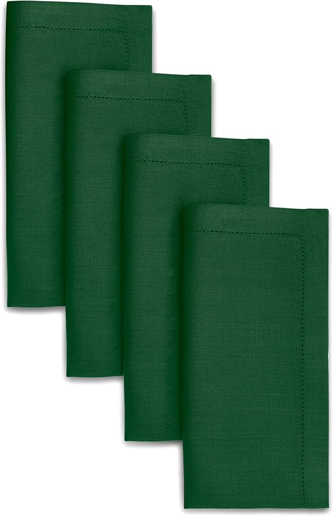 D'Moksha Homes Forest Green Linen Napkins Set of 4 - Classic Hemstitch 100% Pure Linen Hemstitch Dinner Napkins 20 x 20 Inch for Thanksgiving, Christmas, Holiday - Handcrafted and Machine Washable