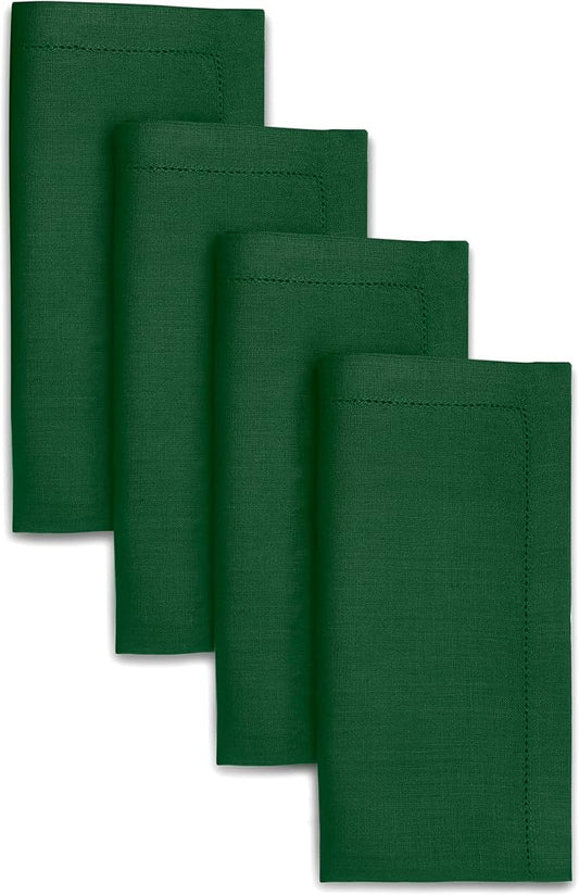 D'Moksha Homes Forest Green Linen Napkins Set of 4 - Classic Hemstitch 100% Pure Linen Hemstitch Dinner Napkins 20 x 20 Inch for Thanksgiving, Christmas, Holiday - Handcrafted and Machine Washable