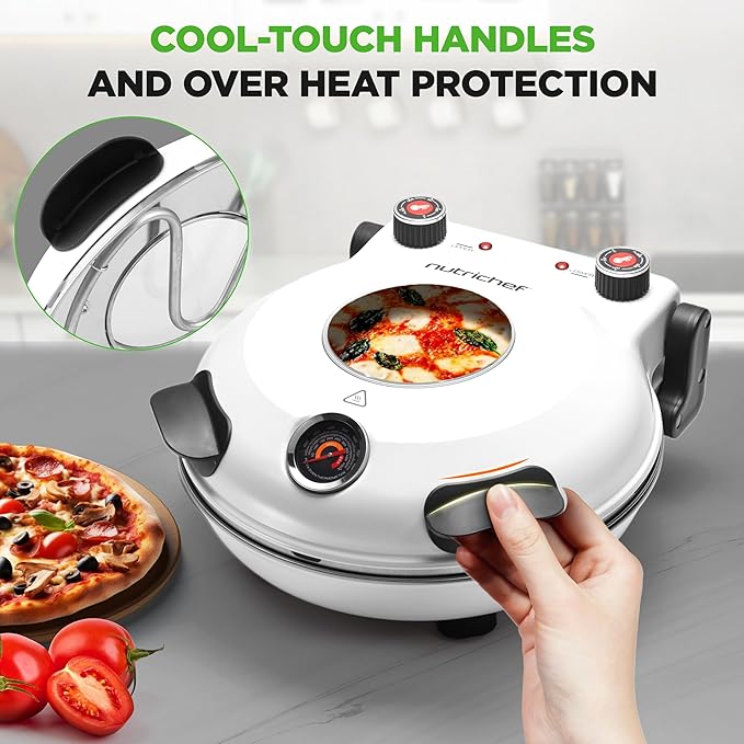 NutriChef Electric Pizza Oven | 1200W Countertop Pizza Maker with Temperature Control & Thermometer | Viewing Window for Precise Cooking | Heats up to 800˚F | Easy to Clean Non-Stick Coating | White