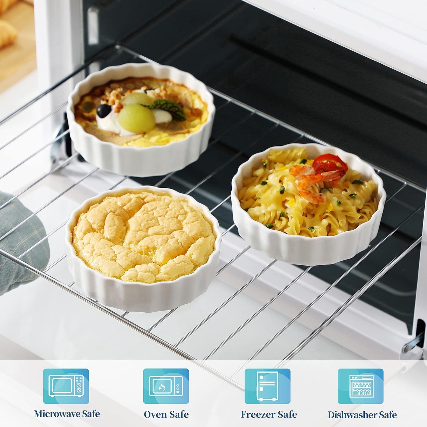 LOVECASA Porcelain Ramekins 8 Oz Oven Safe Set of 6 - Shallow Creme Brulee Dishes for Baking, Soufflés, Custards, Fluted Quiche Pans, Chip-Resistant & Stackable, White