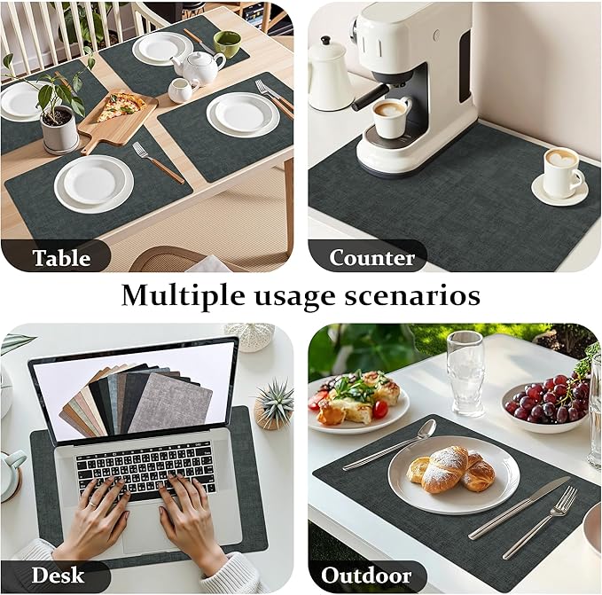FROMHEART Faux Leather Placemats Set of 6–Waterproof,Heat/Oil Stain-Resistant PU Table Mat–Reversible,Non-Slip,Easy to Clean Place Mats for Kitchen,Dining,Indoor/Outdoor,(Dark Green,11.8" x 17")