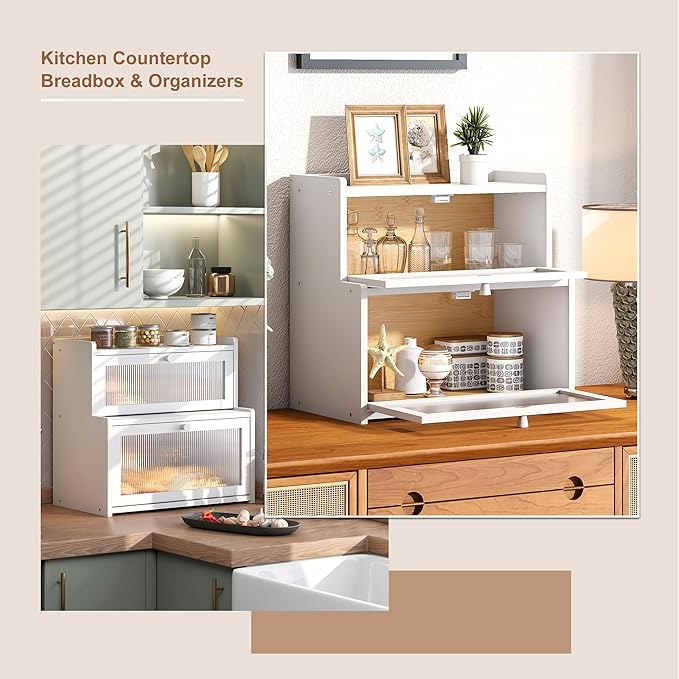 FILWH Bread Box for Kitchen Countertop Double Layer Large Corner Bread Box Capacity Bread Storage Bin Farmhouse Breadbox Container Organizer Cabinet Cupboard (White)