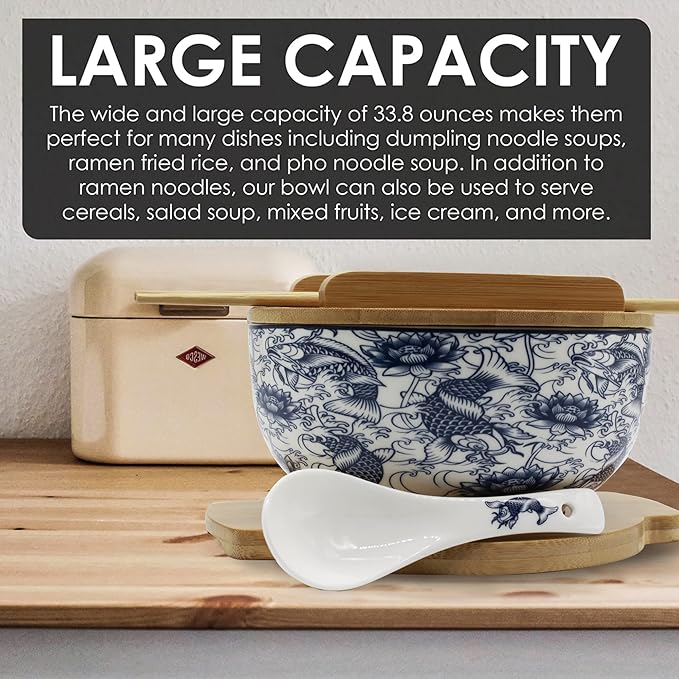 XWORLD Japanese Ceramic Ramen Noodle Bowls Set with Ceramic Spoon, Bamboo Chopsticks, Lid & Trivet, Serving Capacity of 33.8 OZ, Microwavable Oven Safety (3.3” x 6.6” D) (Blue Fish)