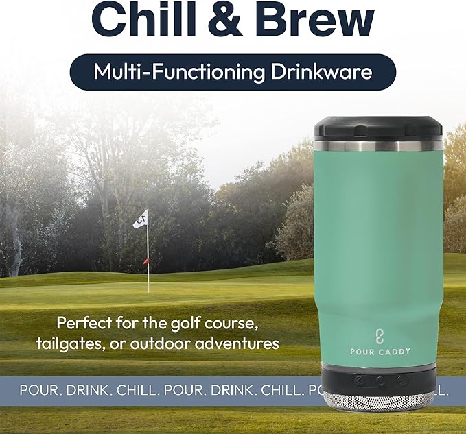 Chill & Brew, Insulated Can & Bottle Holder, Bluetooth Cup with Speaker, Fits 12 oz Cans, Skinny Cans, Most Bottles & Cold Drinks, Seafoam