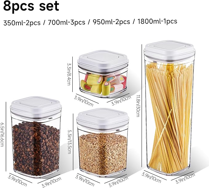 Pop Top Food Storage Container Set | 8Pcs Airtight Cereal Storage Organizer Canisters with Pop Lids, BPA-Free, Vacuum Seal & One-button Opening, Stackable Pantry Containers for Dry Food Storage