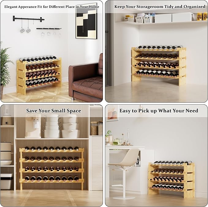 Bambloom Wine Rack Freestanding Floor, Wooden Stackable Bottle Storage Rack for Kitchen,Cellar. 36 Bottles Wine Holder Display Shelves for Champagne(Bamboo)