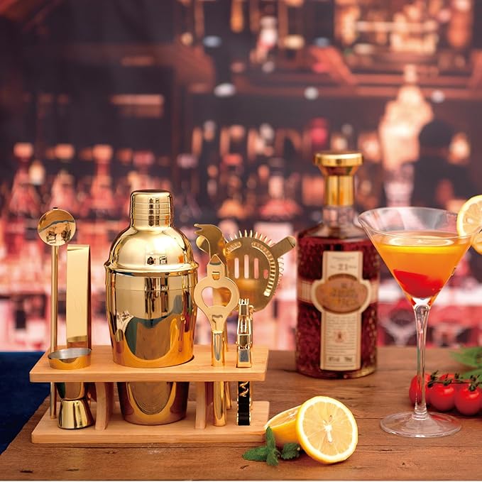 9Pcs-Cocktail Shaker Set Bartending Kit Cocktail Bar Set Cocktail Mix Drink Making Kit Professional Bar and Home Drink Bar Tools for Bartender (Gold, 9Pcs)