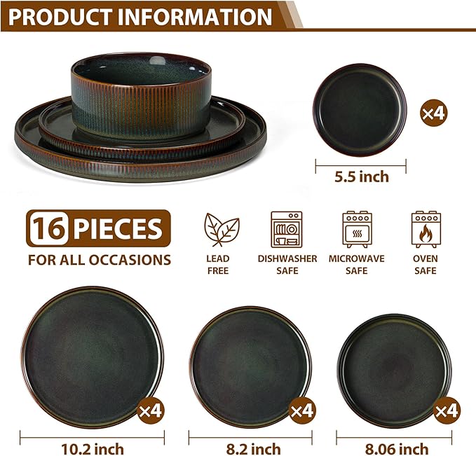 LIANYU Dinnerware Sets with Pasta Bowls, 16 Piece Plates and Bowls Set for 4, Ribbed Stoneware Dishes Set for Kitchen Dining, Microwave and Dishwasher Safe, Jungle Green