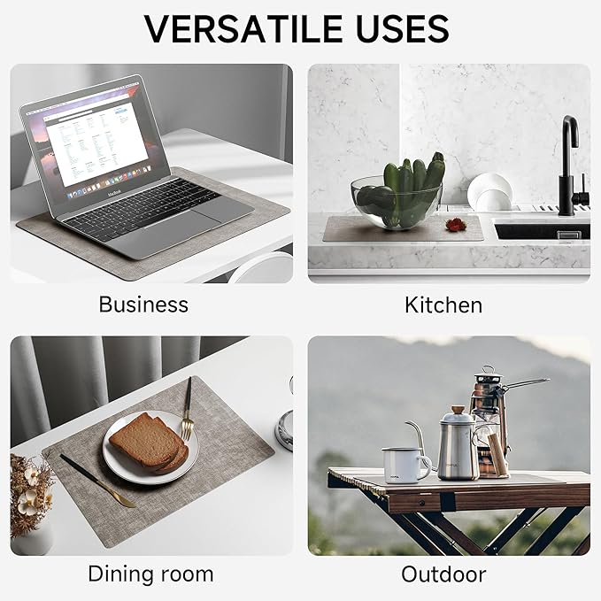 Faux Leather Vinyl Placemats Set of 4 Wipeable Heat Resistant Place Mats 100% Washable - Waterproof - Anti Slip Reversible Table Mats for Kitchen/Dining/Party/Outdoor, 12" x 16.5", Light Grey & Black