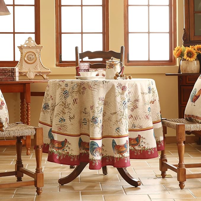 patdrea Designer Red Tablecloth for Round Tables,Vintage Linen with Animals and Flowers Pattern Tablecloths,Farmhouse Floral Table Cover Cloth Decor for Kitchen Dining Christmas,Diameter 55"