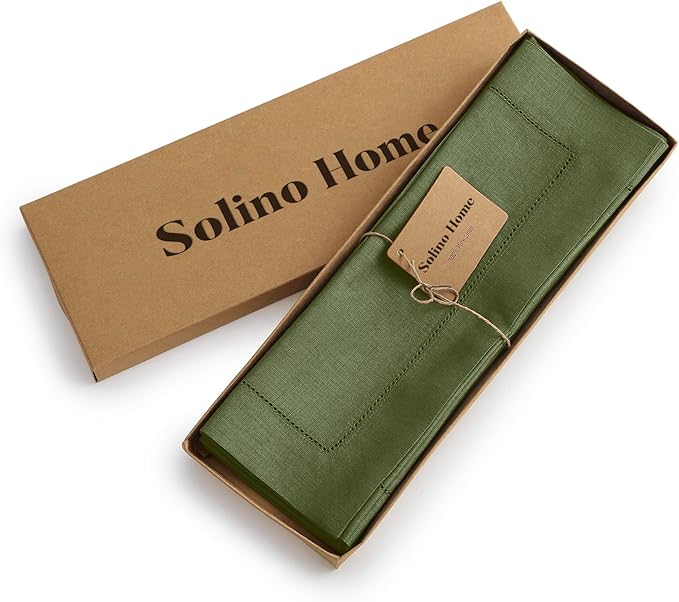 Solino Home Linen Cloth Placemats Set of 4-100% Pure Linen Hemstitch Olive Placemats 14 x 19 Inch - Classic Hemstitch Table Place Mats for Fall, Autumn, Thanksgiving, Christmas