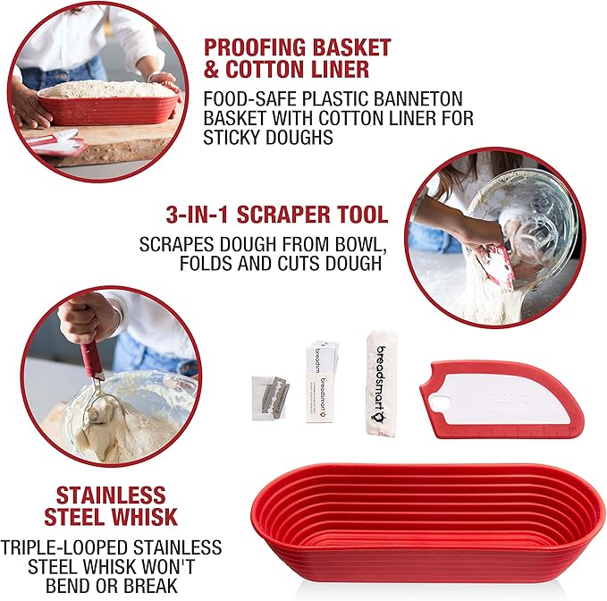 Breadsmart Artisan Bread Making Kit - 5 PC Baking Supplies Set - Lame, Scraper, Whisk, Proofing Basket & Cotton Liner - Red