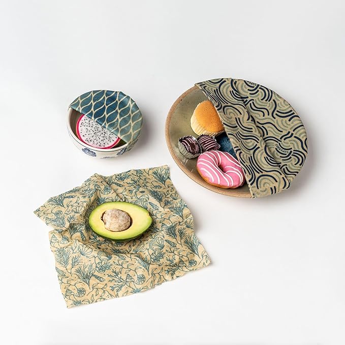 SUPERBEE Beeswax Wrap for Food, Set of 3 Bees Wax Wraps, Reusable for Wrapping Vegetables, Cheese Paper, Bowl Covers and Sandwich Wrapping Paper, Beeswax Food Wrap (Ocean)