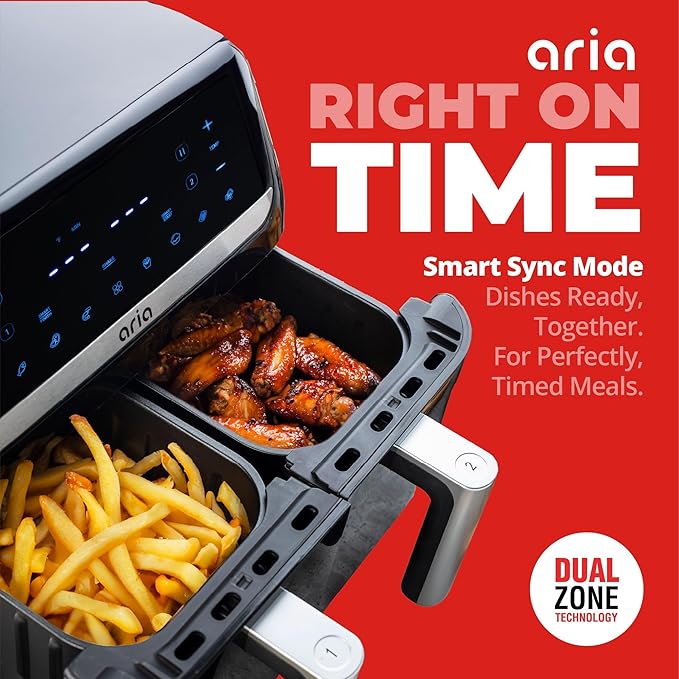 Aria 10 Qt Dual Air Fryer with 2 Baskets, Smart Sync Dual Air Fryers, Easy Clean Dishwasher Safe Double Basket, Large Sized for Family Meals, XL Touchscreen Display, 8 Meal Presets, Black