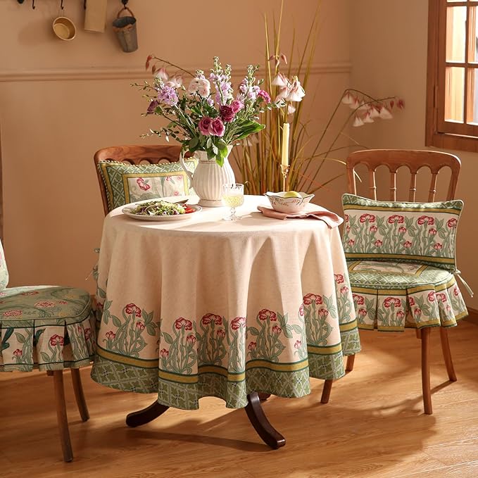 patdrea Designer Green Tablecloth for Round Tables,Vintage Linen with Leaves and Flowers Pattern Tablecloths,Farmhouse Floral Table Cover Cloth Decor for Kitchen Dining Christmas,Diameter 67"