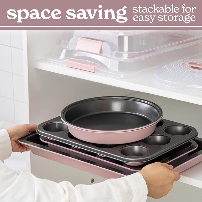 Country Kitchen Baking Pans Set - 10 Piece Non-Stick Cake Pans with Carry Lids for Easy Storage & Travel, Perfect for Parties - Stackable, Pink