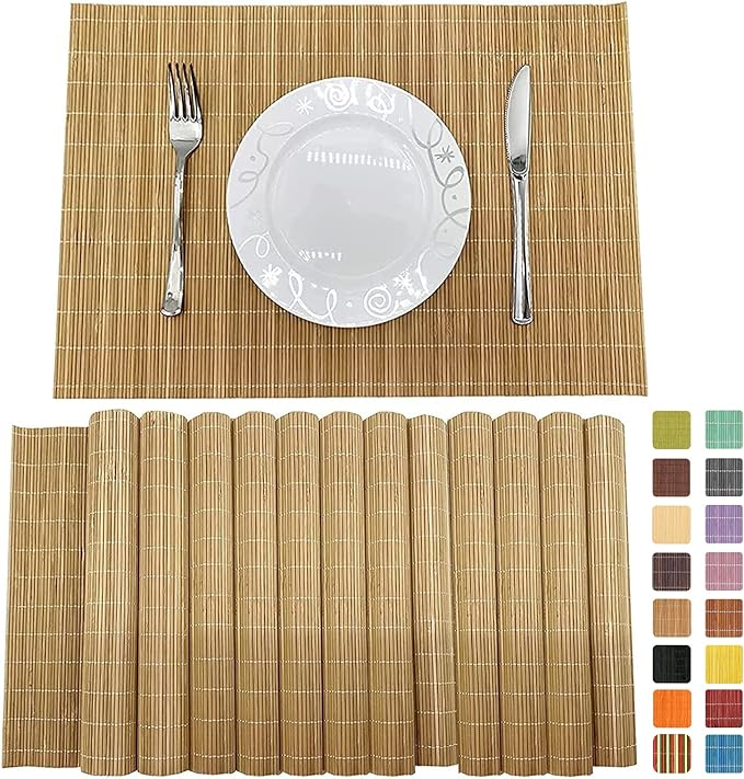 ANDSTAR Bamboo Placemats Set of 6 Non-Slip - 12x18 Inch Waterproof Table Mats for Dining, Eco-Friendly Reusable Dishwasher Safe Kitchen Decor, Thick Heat Resistant Home Accessories (Brown)