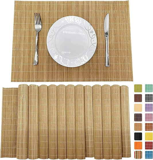 ANDSTAR Bamboo Placemats Set of 6 Non-Slip - 12x18 Inch Waterproof Table Mats for Dining, Eco-Friendly Reusable Dishwasher Safe Kitchen Decor, Thick Heat Resistant Home Accessories (Brown)