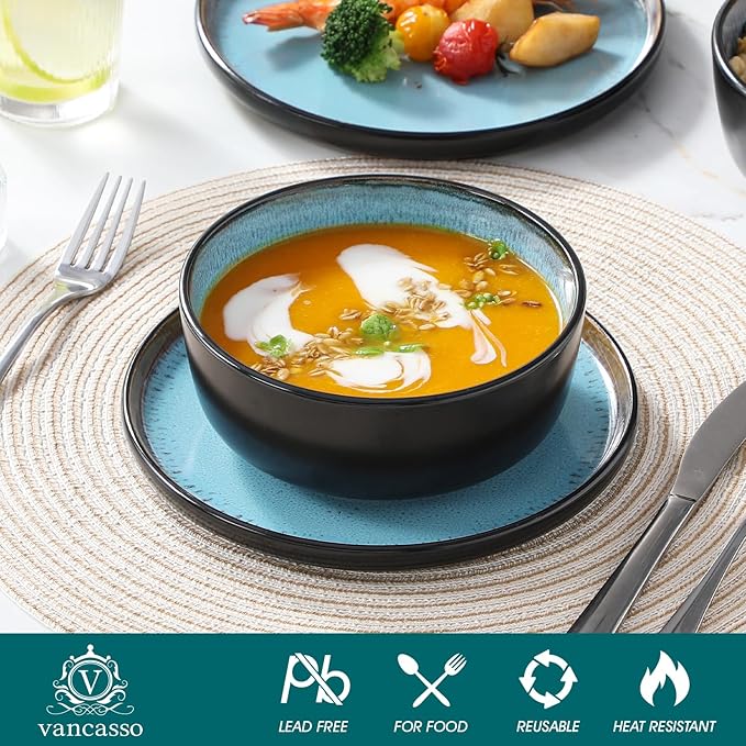 vancasso Plates and Bowls Sets, 18 Pieces Stoneware Dinnerware Sets for 6, Kitchen Dish Set Mircowave and Dishwasher Safe Dinner Set Ceramic Dishware, Sky Blue, Series AMBER