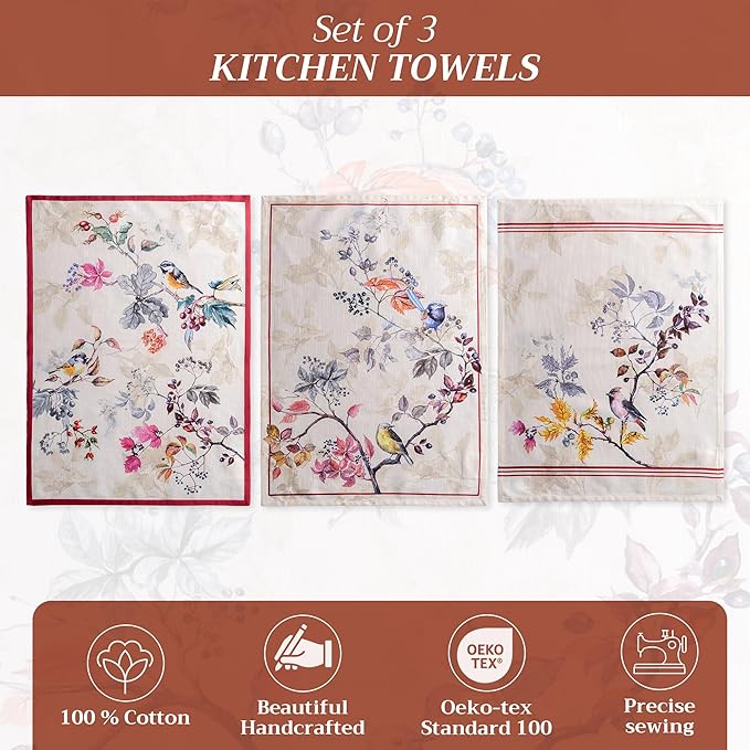 Maison d' Hermine Kitchen Towels Set of 3 100% Cotton 20" x 27.5" Reusable Cloth Tea Dish Towels Absorbent with Hanging Loop for Kitchen Dining Thanksgiving Christmas Decorations (Equinoxe - Beige)