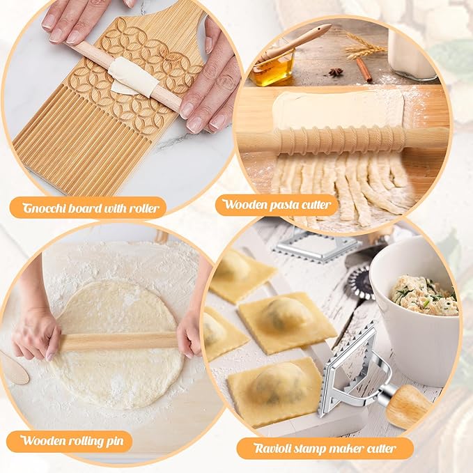 Tioncy 7 Pcs Pasta Making Tool Set Wood Gnocchi Board with Ravioli Stamp Ravioli Maker and Rolling Pin Homemade Gnocco Maker Kitchen Gift for Christmas Baking Lovers(Pattern Gnocchi Board Set)