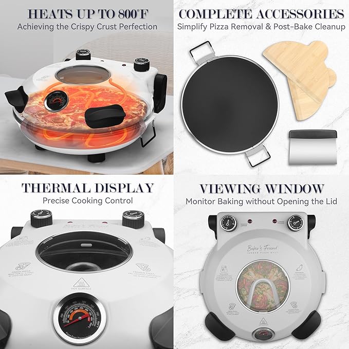 Baker's Friend Electric Pizza Oven Indoor Countertop, 12 Inch Maker Machine for Home, Cooker & Grill, Premium Glazed Ceramic Stone Oven, Creamy White