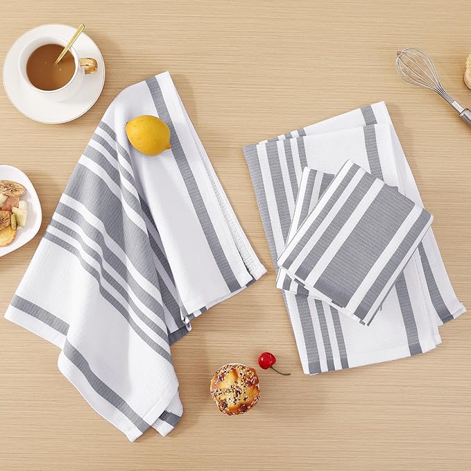Homaxy Premium Kitchen Towels 18”x 28”, Large Cotton 380 GSM Kitchen Hand Towels, Stripe and Terry Dish Towel, Highly Absorbent Tea Towel Set with Hanging Loop, 8 Pack, Grey