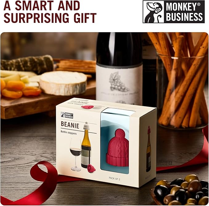Monkey Business Beanie Wine Stopper, Pack of 3, Cute Wine Accessories, Fun Kitchen Gadgets, Wine Stoppers for Wine Bottles, Knit-Beanie-Shaped Wine Bottle Stopper w/a Pom-Pom