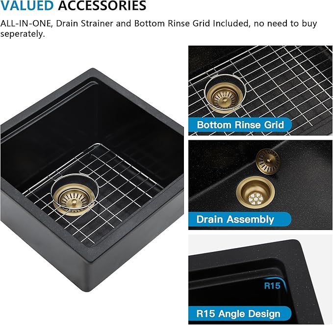 18 Undermount Bar Sink Workstation - Fulorni 18"x18" Undermount Wet Bar Sink Matte Black Granite Composite Quartz Classic Single Bowl Under Counter Small Kitchen Bar Prep RV Sink Basin