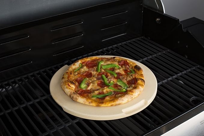 Pizza Stone 12.6in Round Baking & Grilling Stone, Perfect for Oven, BBQ and Grill. Innovative Double - faced Built - in 4 Handles Design