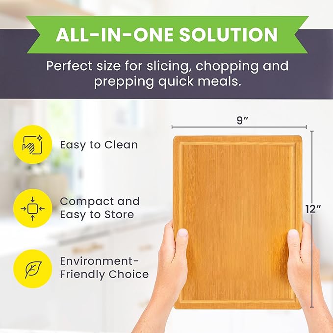 Small Bamboo Cutting Board – 12 Inch Wood Cutting Boards for Kitchen with Glue-Free Surface™ & Juice Groove – Non-Toxic, FSC-Certified, Durable Wooden Chopping Board - Rectangle