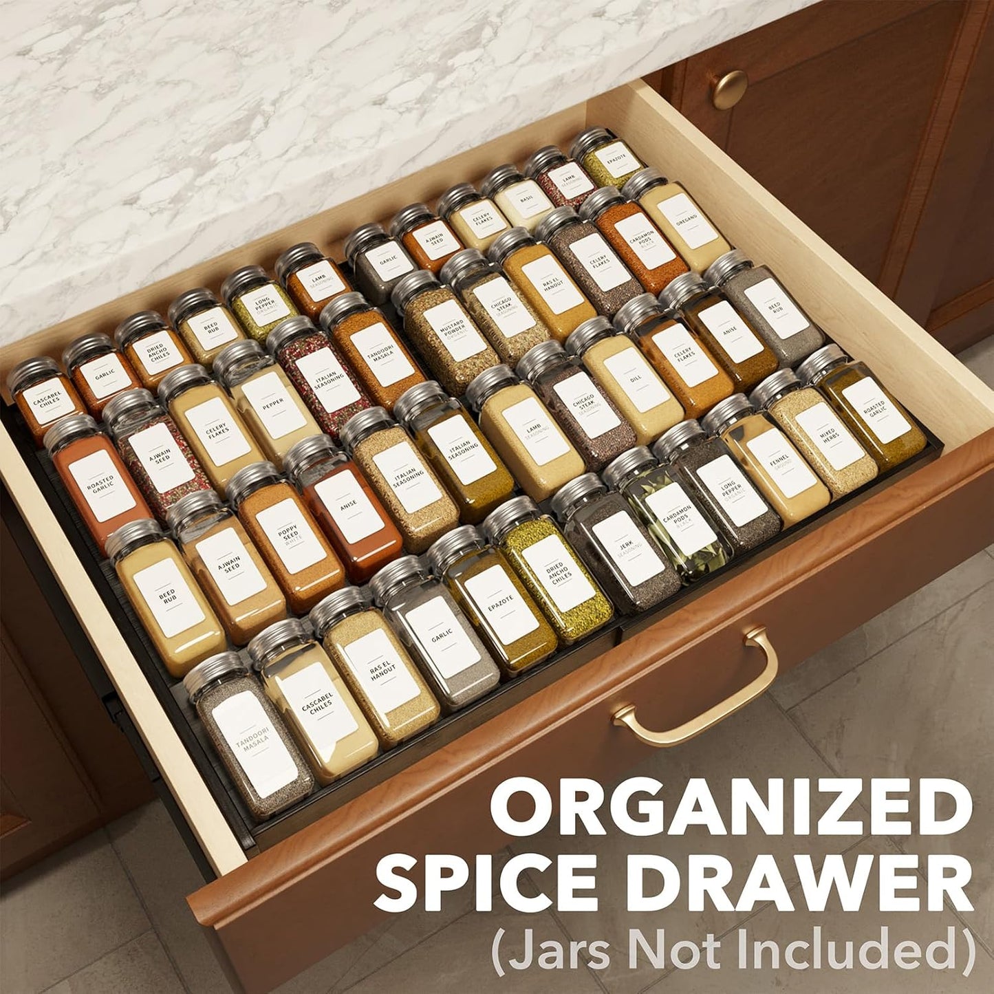 SpaceAid Bamboo Black Spice Drawer Organizer, (Need 3" Deep Drawer) Expandable 4 Tier Spices Rack for Cabinet, Kitchen Seasoning Storage Insert (Jars Not Included, From 12" to 23" Wide)