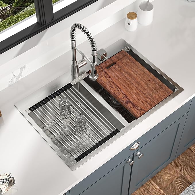 Mocoloo 33 Inch Double Bowl Kitchen Sinks - 33 x 22 Inch Drop In Kitchen Sinks Workstation 16 Gauge 50/50 Stainless Steel Topmount Double Bowl Handmade, 10 Inch Deep