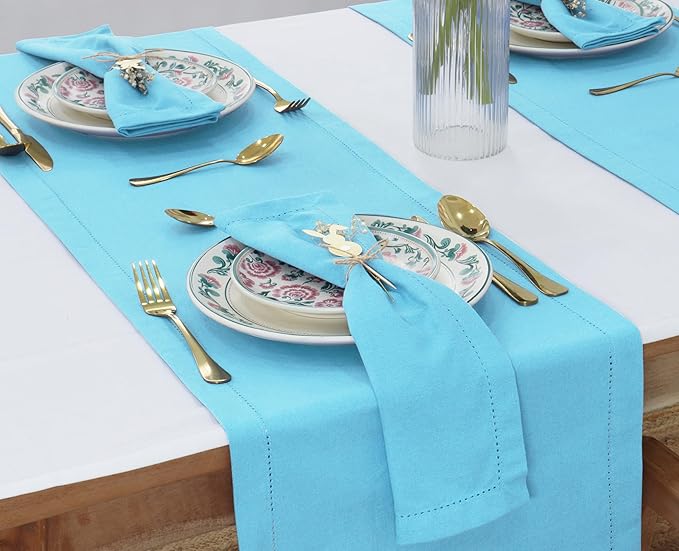 PurpleEssences Set of 12 Hemstitch Cloth Dinner Napkins 100% Cotton - Soft Durable Washable - Ideal for Wedding Fall Thanksgiving - Perfect Everyday Use Table Linen 18x18 - Aqua Blue